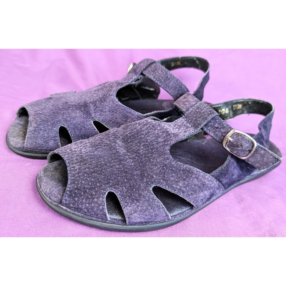 VTG 8.5M Rockport Slingback Sandals Textured Purple Suede Side Cutouts Peep Toe